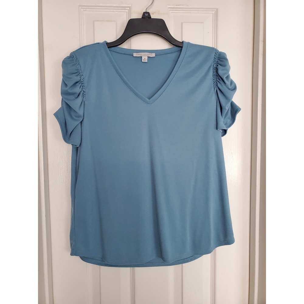 Green Envelope Top Blue‎ Ruched Puff Sleeve V-Neck Modal Blend Blouse Medium - Picture 2 of 6